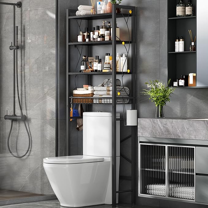 Over-The-Toilet Storage Rack, 4-Tier Bathroom Organizer Shelf Over Toilet with Adjustable Shelf and Basket, Freestanding Space Saver Bathroom Shelves Above Toilet for Room (Pure Black) by SalakitaHome