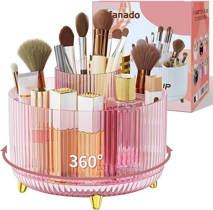 Clear Rotating Makeup Organizer Countertop for Vanity, 360° Makeup Brush Holder Organizer with 5 Compartments, Transparent Cosmetic Storage for Lipstick, Skincare, Bathroom Counter (Transparent Pink) by Unknown