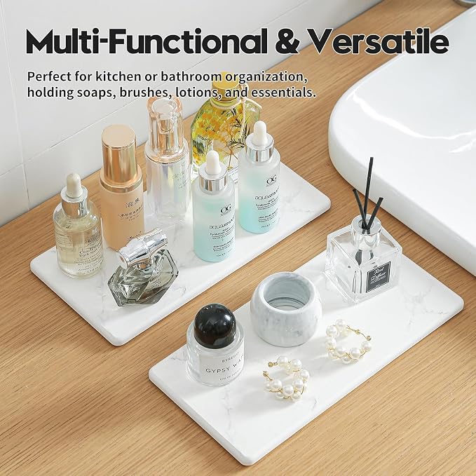 2PCS 10"x 5" Large Bathroom Sink Vanity Trays, Water Absorbing Diatomite Stone Quick Drying Mat for Kitchen Counter, Dish Rack Dispensers Sponge Holder Caddy Organizer, Marble White, 10"x 5" - Image 4