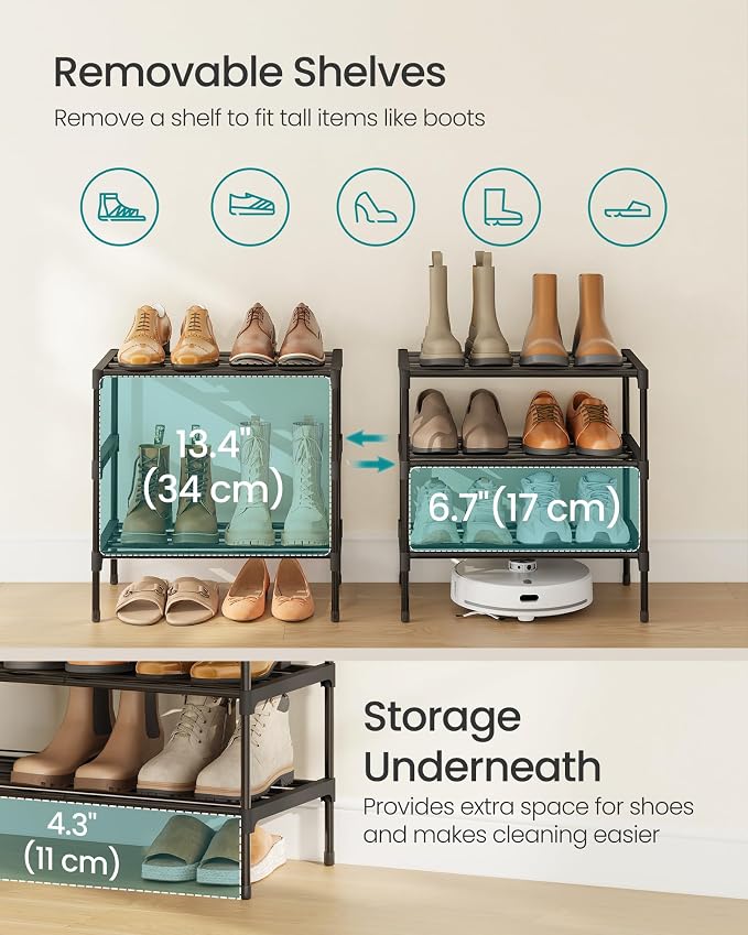 SONGMICS Shoe Rack, 3-Tier Stackable Metal Shoe Organizer, 17.7" Wide - Image 5