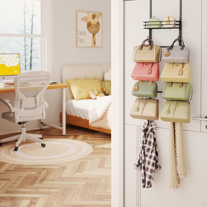 HapiRm Over The Door Purse Organizer - Wall Mounted Purse Rack with 10 Hooks and Metal Basket, Hanging Handbag Organizer Holds up to 10 Bags, Bag Rack Can Use As 1/2 Part, for Door, Closet (Black) - Image 2