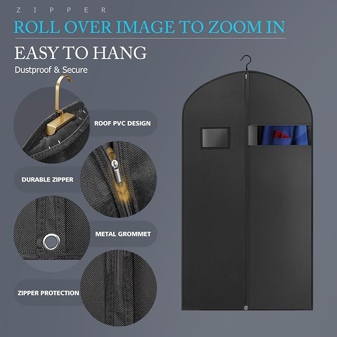 Hleelomi 5 Pack 43-in Garment Bag for Hanging Clothes Black Suit Bag - Image 3