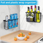 Cabinet Door Organizer Basket 2 Pack, Foil and Plastic Wrap Organizer with 2 Sponges, Lid Organizers Inside Cabinet, Metal Basket for Kitchen Organizers and Storage, Utility, Black (Medium,Large) - Image 2