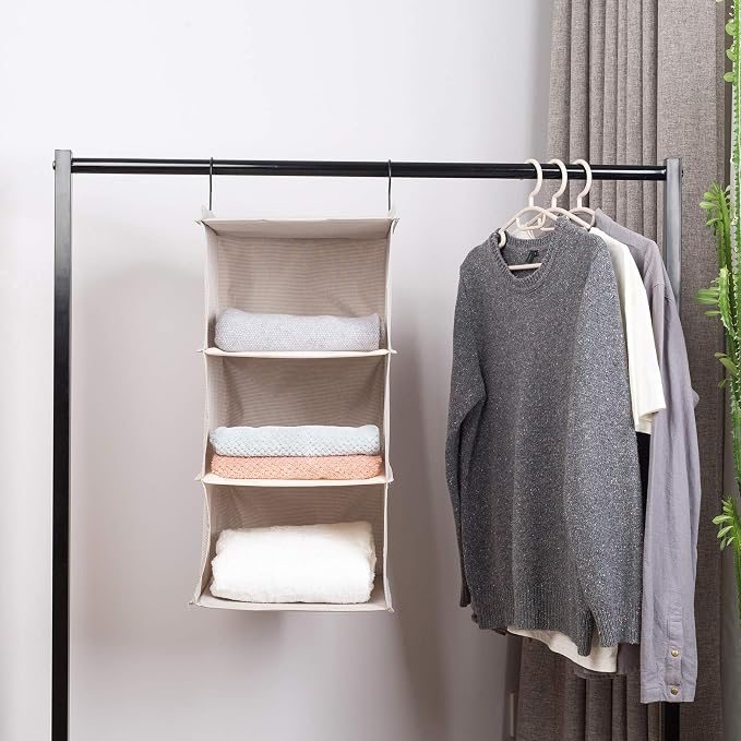 Hanging Closet Organizer 3-Tier, Oxford Wardrobe Storage, Beige Houndstooth | Easy-mount foldable design holds clothes, handbags, shoes & accessories; washable Oxford fabric, sturdy and space-saving. - Image 2