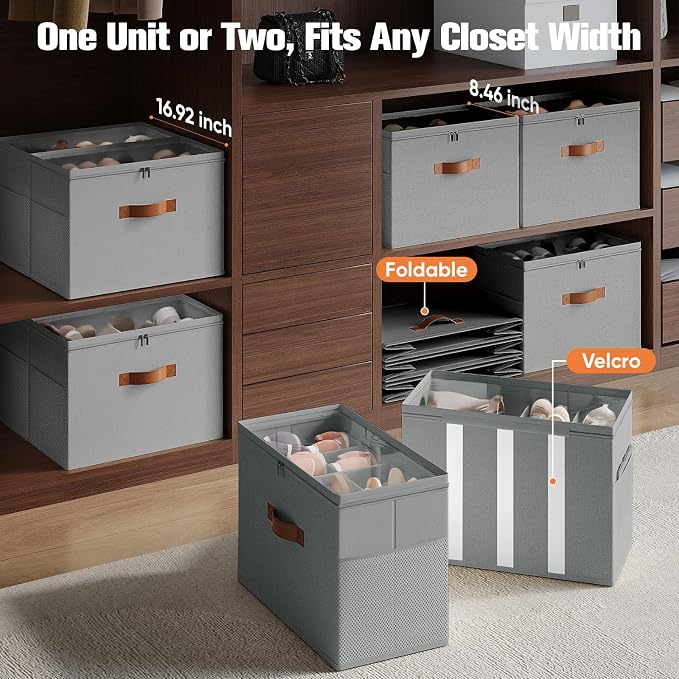 2 Pack Shoe Organizer for Closet,Foldable Shoe Storage Organizer with Adjustable Dividers, Shoe Storage Box with Clear Cover, Fits up to 16 Pairs, Gray - Image 3