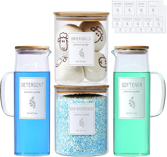 Glass Laundry Detergent Dispenser Set - 2x50oz & 2x70oz Borosilicate Containers with Bamboo Lids, Handle& Labels, Stores Powder,laundry pods,Fabric Softener, for Laundry Room organization and Decor by KitHero