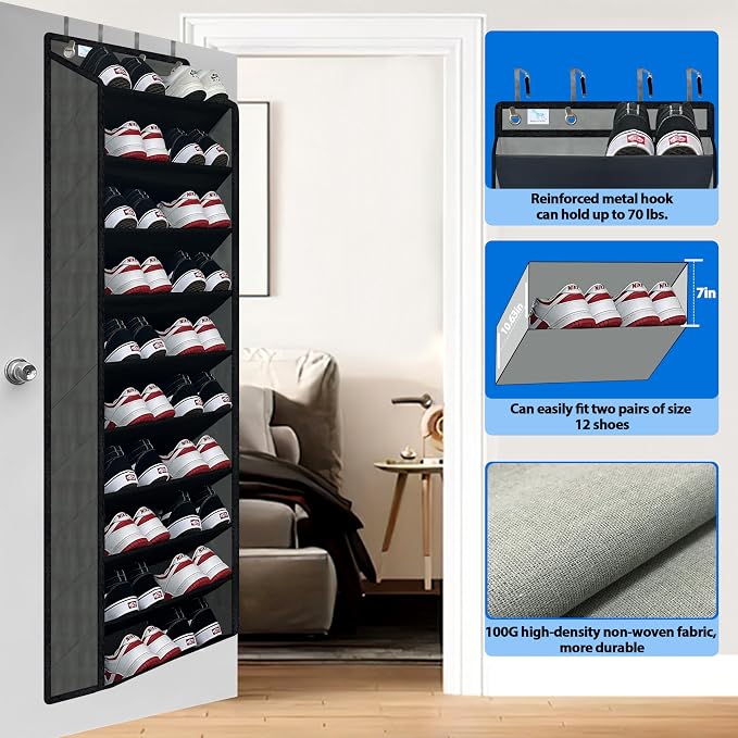 shoe organizer,70 Pounds Large Capacity,20-30-Pair over the door shoe organizer,10 Tiers shoe rack for closet,New upgrade Anti-scratch heavy duty hook and Bamboo material Baffle,Grey/Black - Image 5
