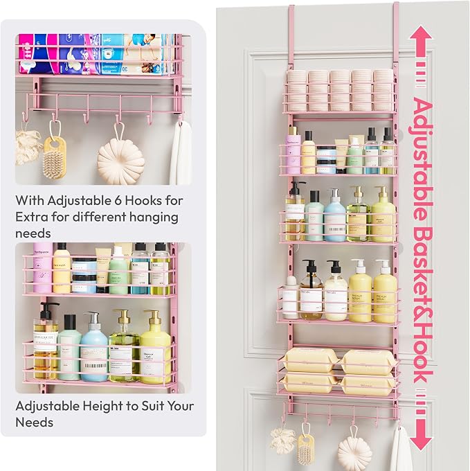 SWTYMIKI Over The Door Organizer - Door Organizer Hanging with 5 Adjustable Metal Large Capacity Basket and 6 Coat Hook, Wall Mounted Shelf for Bedroom Closet Bathroom Laundry Pantry Cabinet Kitchen - Image 5