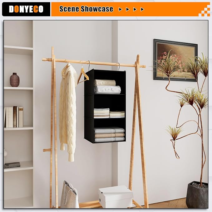 Hanging Closet Organizer 3-Shelf, Oxford Fabric Wardrobe Storage, Black | Easy-mount foldable design holds clothes, handbags, shoes & accessories; washable Oxford fabric, sturdy and space-saving. - Image 2