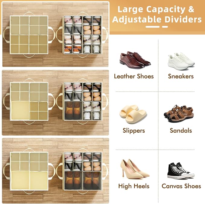 Plus Size 2 Pack Shoe Organizer for Closet, Foldable Shoe Storage Box | 16–24 Pair Shoe Storage for Sneakers, Boots & Heels with Adjustable Dividers, Clear Cover & Space Saving Closet Storage - Image 2