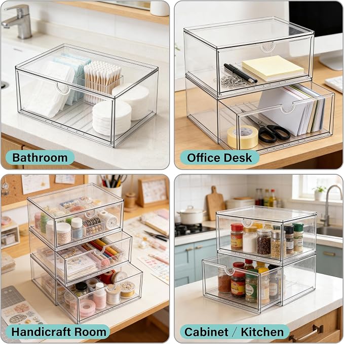Prsildan Acrylic Makeup Organizer, 2 Pack Stackable Clear Storage Drawers for Baby Bottles Desk Organizers with 2 Drawers for Countertop Vanity Nursery Modular System for Cosmetics Jewelry - Image 4