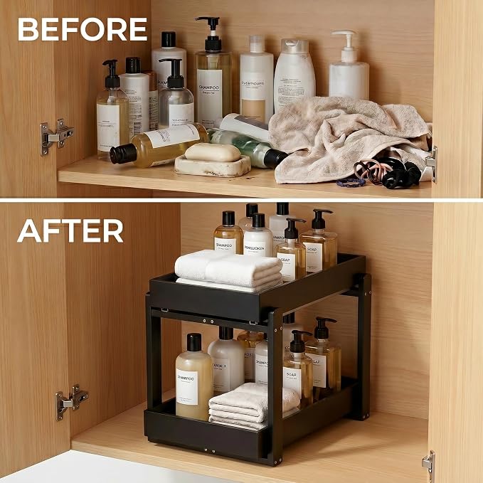 Bamboo Under Sink Storage 2 Tier Pull Out Cabinet Organizer Slide Out Under Sink Storage Shelf Undersink Organizers Shelves for Kitchen Bathroom Organization (Black, 2 Pack) - Image 7