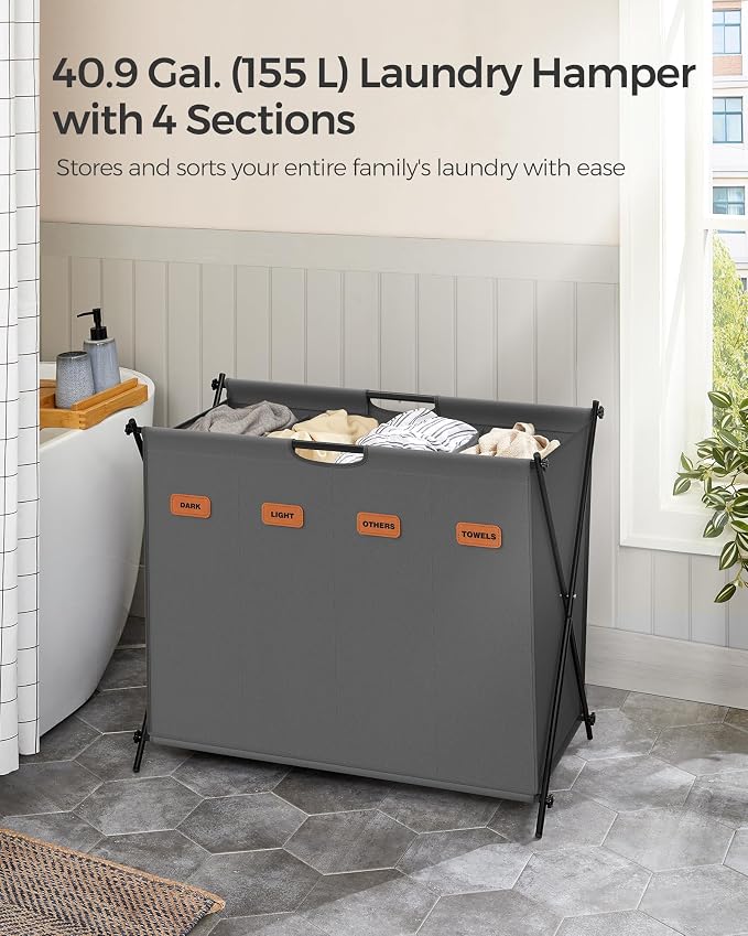 SONGMICS Laundry Hamper, 155L, 4 Sections, Collapsible X-Frame - Image 3