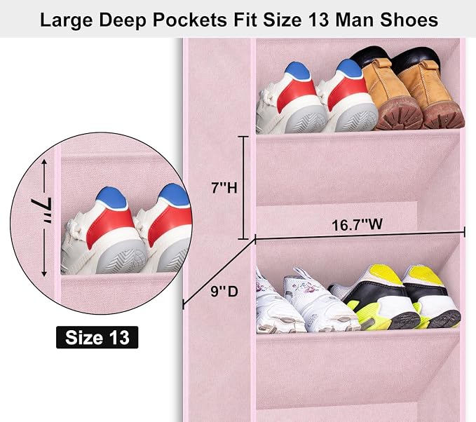 SLEEPING LAMB Over The Door Shoe Organizer for Closet with Large Deep Pockets, Narrow Shoe Rack for Door Hanging Boots Storage, Pink - Image 3