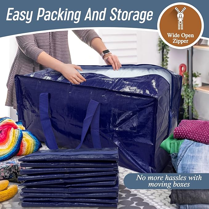 12 Pack Extra Heavy Duty Large Moving Bags with Strong Zipper, Dark Blue | Comfortable Handles, Sturdy & Durable Clothes Storage Bags Totes Bins, Blue Packing Moving Boxes for College Supplies - Image 5