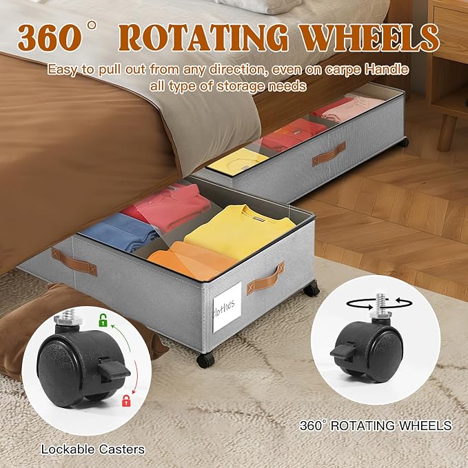 Under Bed Storage with Wheels, Rolling Under Bed Storage Containers with Clear Lid and Handles for Clothes, Shoes, Blankets, Pillows, Toys, Books, Bags (60L, 30.9 x 16.9 x 6.7in, Grey, 2 Pack) - Image 3