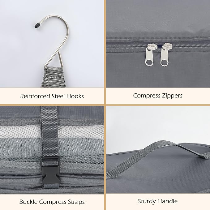 Surblue Hanging Shelves Travel Storage Bag Compression Packing Cube for Suitcase Collapsible with Extension Layer Large Capacity, Grey,XL - Image 6