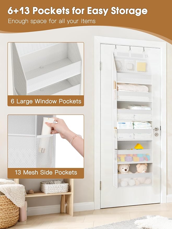 Criusia 2 Pack Over the Door Organizer, Heavy-Duty 6-Shelf Hanging Storage with 13 Mesh Pockets, 55lbs Capacity Behind the Door Storage for Nursery, Bathroom, Bedroom, and Dorm, White - Image 5