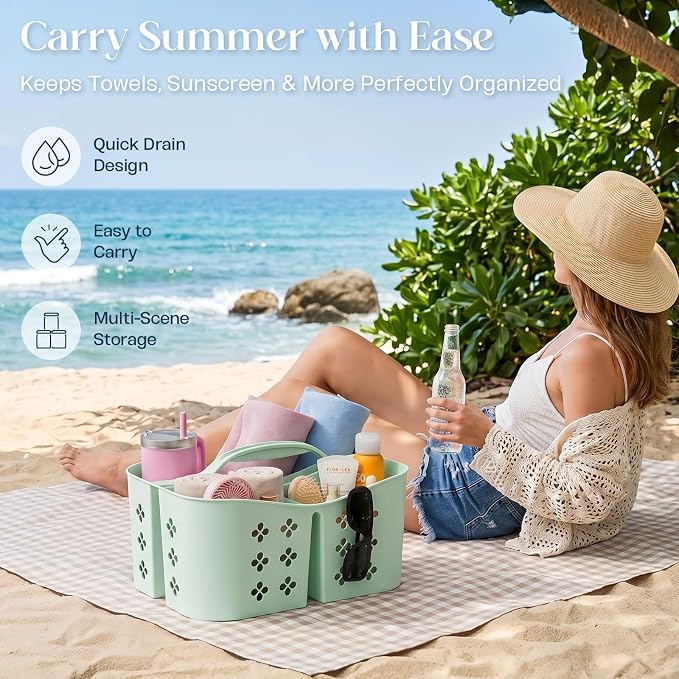 PQH Portable Shower Caddy with Handle, Large Capacity Shower Basket Organizer, Quick-Drain Bathroom Storage Tote, Durable Plastic Shower Organizer for College Dorm, Beach, Gym Essentials, MintGreen - Image 8