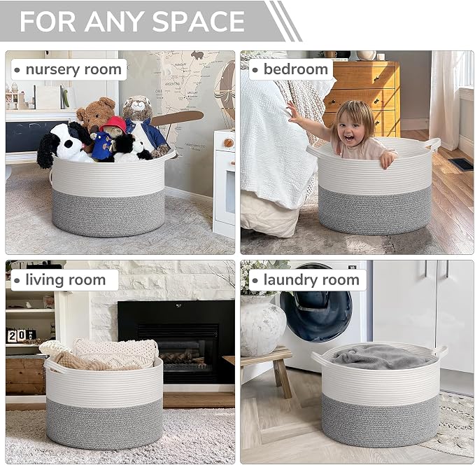 INDRESSME Large Woven Rope Blanket Basket Living Room Light Grey, 65L - Image 4