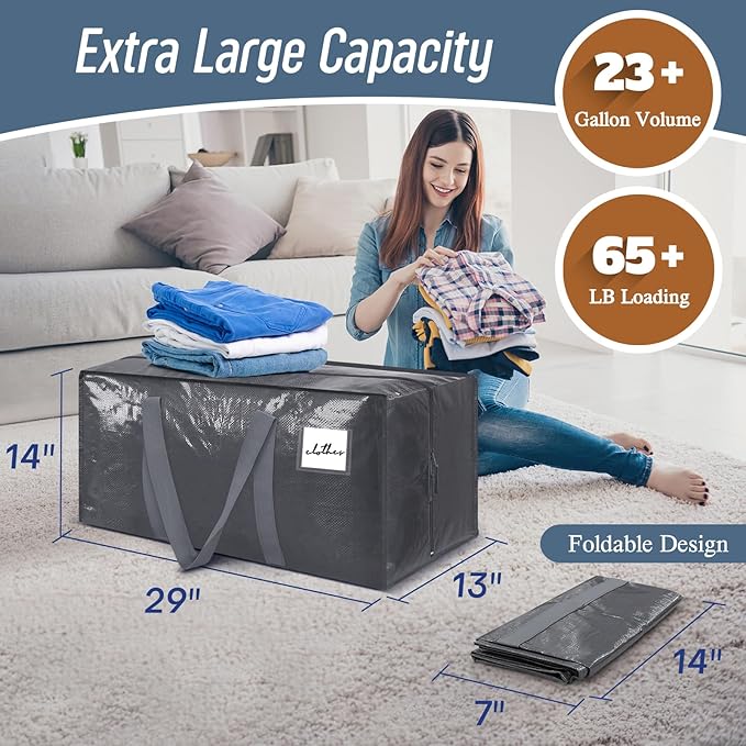6 Pack Extra Heavy Duty Large Moving Bags with Strong Zipper, Gray | Comfortable Handles, Sturdy & Durable Clothes Storage Bags Totes Bins, Blue Packing Moving Boxes for College Supplies - Image 3