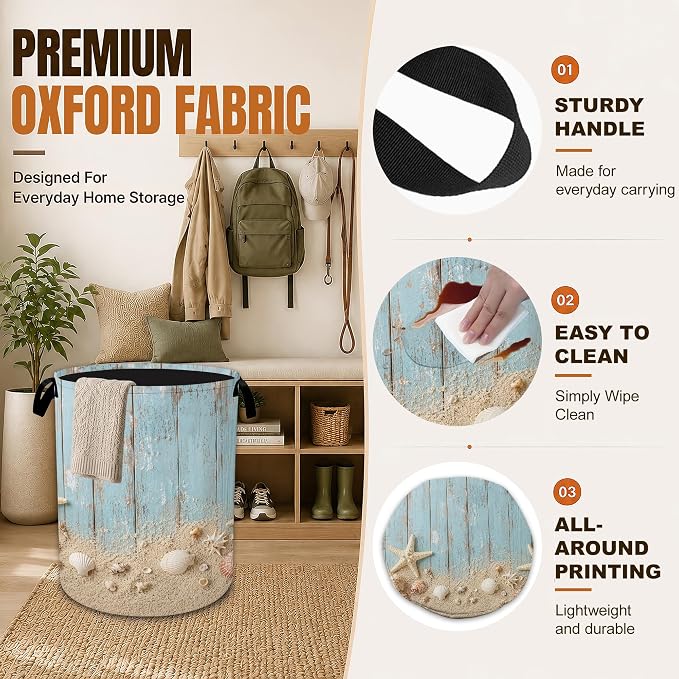 Laundry Basket with Handles,Summer Starfish Foldable Oxford Clothes Hamper,Rustic Blue Woodboard Portable Dirty Clothes Storage Bucket for Bedroom Bathroom Dorm Laundry Room Decor,20.8x16 Inch - Image 3