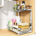 PXRACK Under Sink Organizer, Adjustable Height, 2 Tier Pull Out Cabinet Organizer, Slide Out Thickened Metal Storage for Kitchen Bathroom Laundry Pantry Cabinet, Stainless Steel, Silver, Large-1-Pack by PXRACK