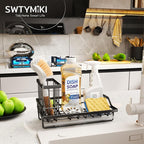 SWTYMIKI Large Sink Caddy Kitchen Sink Organizer with Detachable Brush Holder, Stainless Steel Sponge Holder with Removable Drip Tray Sponge Caddy for Kitchen Countertop, Black - Image 2