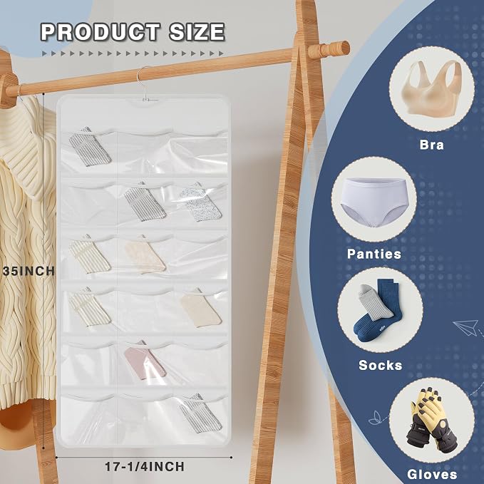 26-Pocket Hanging Closet Organizer for Socks and Underwear, White - Image 3