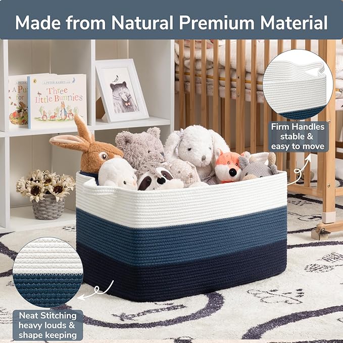 Goodpick Large Woven Rope Blanket Basket, Rectangle, Light Blue - Image 6