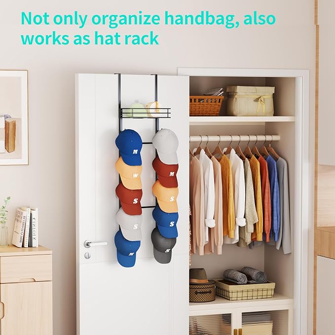 HapiRm Over The Door Purse Organizer - Wall Mounted Purse Rack with 10 Hooks and Metal Basket, Hanging Handbag Organizer Holds up to 10 Bags, Bag Rack Can Use As 1/2 Part, for Door, Closet (Black) - Image 8