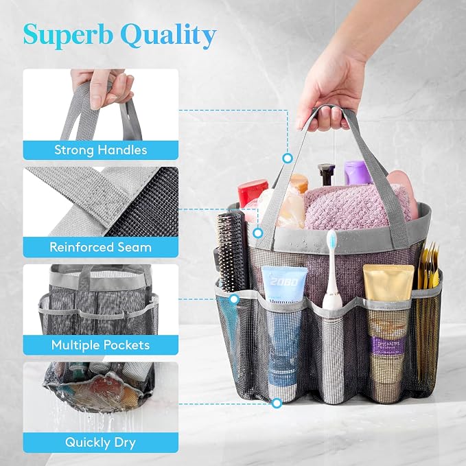 Lifewit Mesh Shower Caddy Portable for College Dorm Room Essentials with 7 Pockets, Freestanding Hanging Organizer Basket, Quick Dry Tote Bag for Camping, Bathroom, Beach, Travel, 1 Pack, Grey - Image 5