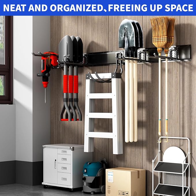 Garage Tool Organizer Wall Mount, 64 Inch Heavy Duty Garden Tool Organizer Storage System, Easy Install with 10 Adjustable Hooks, for Garage, Basement, Shed, Workshop, Black, Steel - Image 6