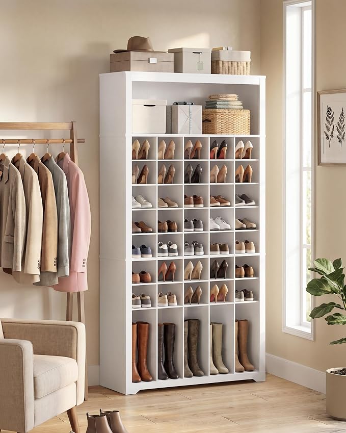 VASAGLE Tall Shoe Storage Cabinet, 10‑Tier, Holds Up to 50 Pairs of Shoes | Vertical Wood Rack, 39.4 x 13.2 x 75.4 inch, for Entryway, Cloud White, HELAN Collection ULBS275WB01S - Image 4