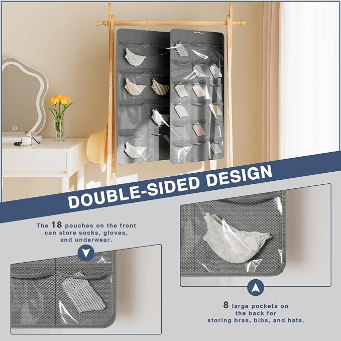 26-Pocket Hanging Closet Organizer for Socks and Underwear, Dark Gray - Image 3
