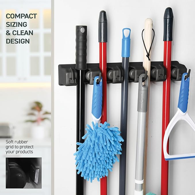 Mop and Broom Holder Wall Mount - Garage Storage Organizer with 5 Slots, 6 Hooks, 7.5lbs Capacity Per Slot - Home, Kitchen, Closet, Garden Tools, Laundry Room Organization – Black Broom Hanger - Image 6