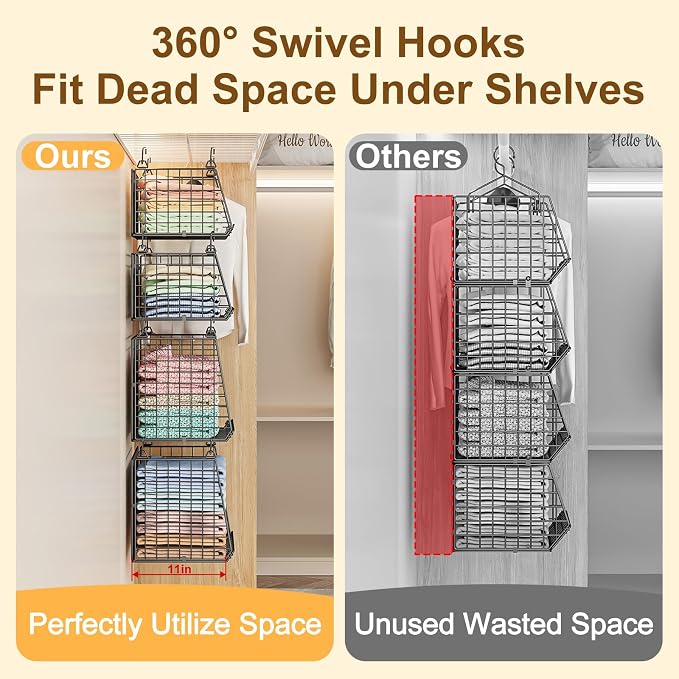 Lyuwanxian 4-Tier Hanging Closet Organizer with 360°Rotating Hooks – Foldable Hanging Shelves for Small Spaces, Wire Storage Basket, Closet Organizer System, Black - Image 4