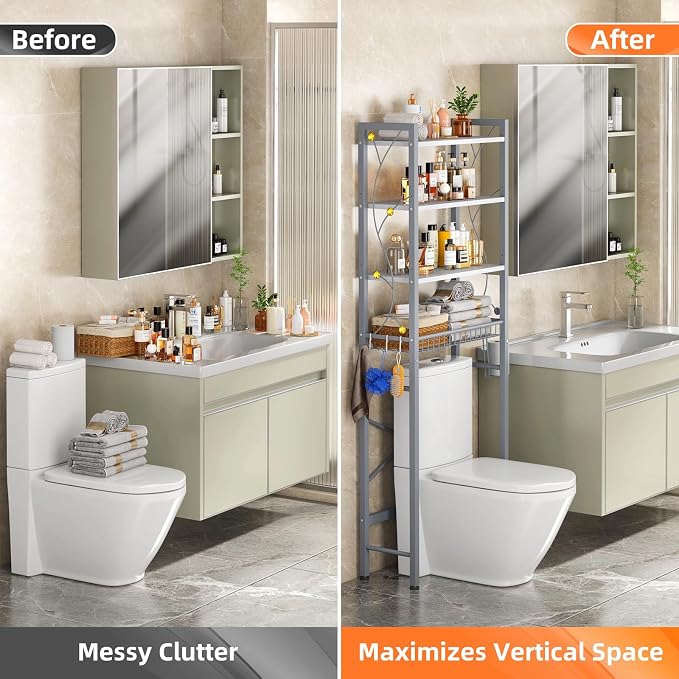 Over-The-Toilet Storage Rack, 4-Tier Bathroom Organizer Shelf Over Toilet with Adjustable Shelf and Basket, Freestanding Space Saver Bathroom Shelves Above Toilet for Room (Gray White) - Image 5