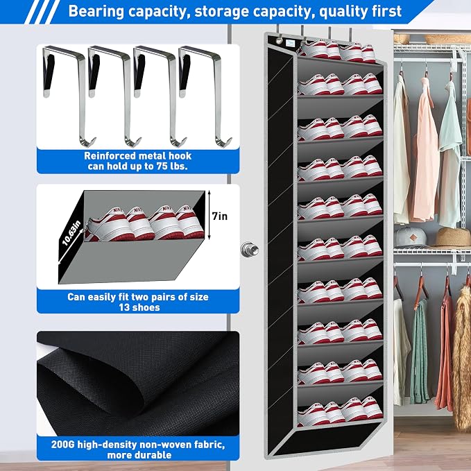 10 Tiers Shoe Organizer for Closet, 20 to 30 Pairs Shoe Rack Door - Image 3