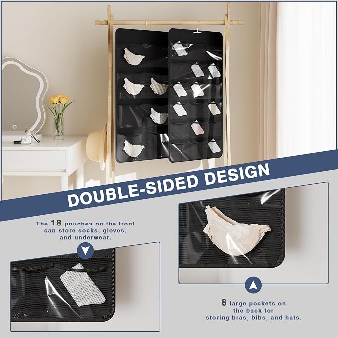 26-Pocket Hanging Closet Organizer for Socks and Underwear, Black - Image 2