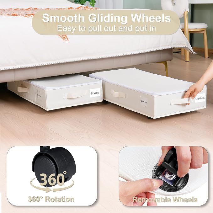 Vincona Under Bed Storage with Wheels, 2 Pack Under Bed Storage Containers with Label Holders for Clothes, Shoes and Blankets, Rolling Underbed Shoe Organizer with Cover, Beige (30.71x15.7x7.28 in) - Image 2