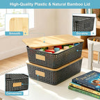 Bagnizer 4 Pack Plastic Storage Bins with Bamboo Lids, 6.2qt Stackable Storage Organizer Box with Lable for Pantry Shelves Drawers Desktop Office, 12"L x 8.3"W x 3.5"H, Gray - Image 2