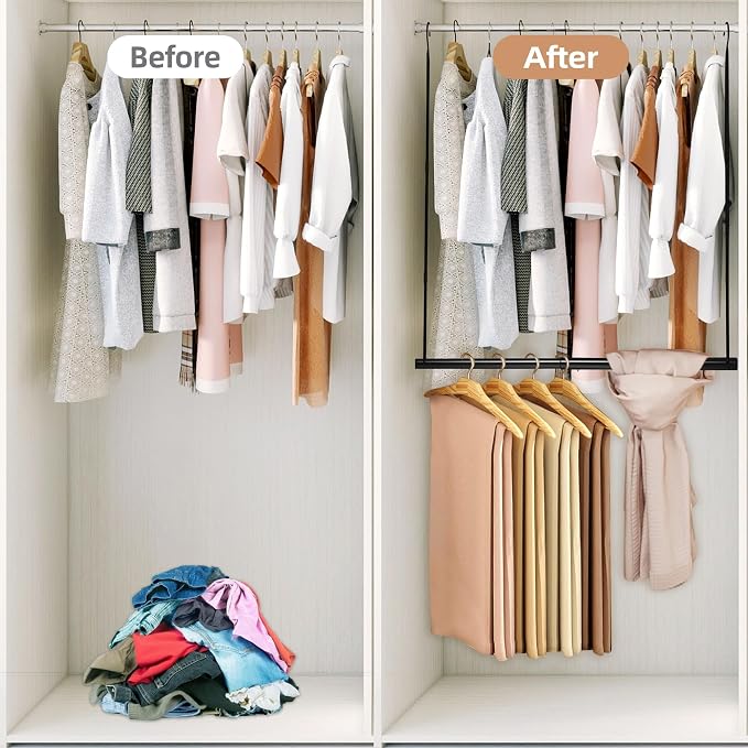 STORAGE MANIAC Hanging Closet Rod, Adjustable Width and Height Closet Hanging Organizer, Space-Saving Clothes Hanging Bar, Closet Extender Hanging Rod Double Closet Hanging Rod, 1 Pack Black - Image 5