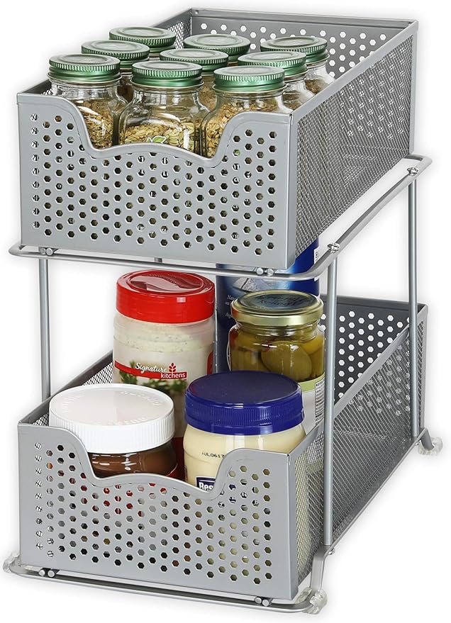 SIMPLE HOUSEWARE 2 Tier Sliding Cabinet Basket Organizer Drawer, Silver - Image 4