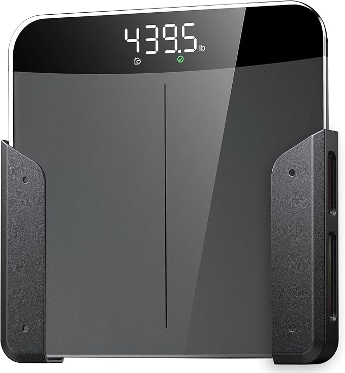ELETIUO Wall-Mounted Scale Holder with Adhesive &Screws -Fits Most Digital Scales (Up to 1.2"/30mm Thick),Anti-Slip Silicone Pads,Space-Saving Bathroom/Bedroom Organizer-Easy to Install, Black by ELETIUO