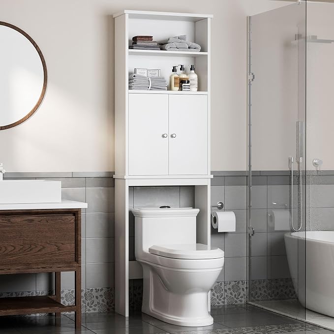 Shintenchi Over the Toilet Storage Cabinet, Bathroom Above the Toilet Rack, Bathroom Adjustable Shelf Organizer with Open Bottom Bar and Anti-Tip Device, White by Shintenchi%7CFurnitureMadeforRealLife