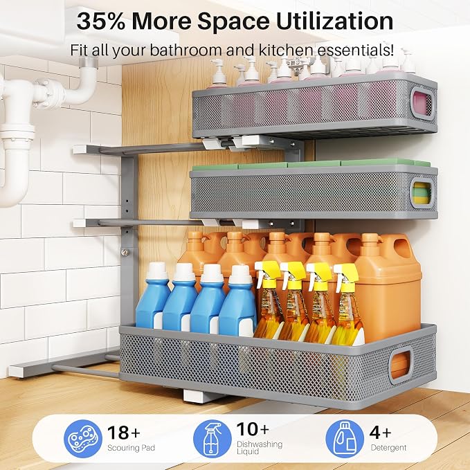 Under Sink Organizer, 3-Tier Thickened Metal Pull out Cabinet Organizer Shelf, Height Adjustable Slide out Storage Drawer Rack for Kitchen Bathroom Pantry Laundry Home Organization, 1-Pack, Grey - Image 4