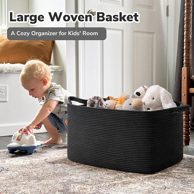 Goodpick Large Woven Rope Blanket Basket, Rectangle, Black, 75L - Image 2