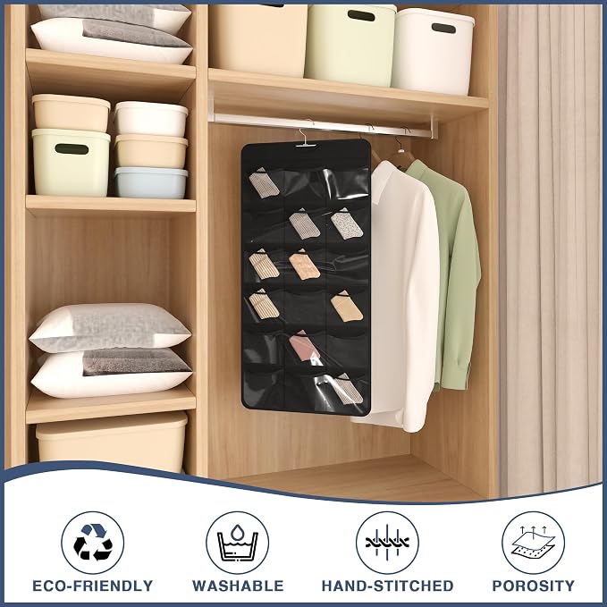 26-Pocket Hanging Closet Organizer for Socks and Underwear, Black - Image 7