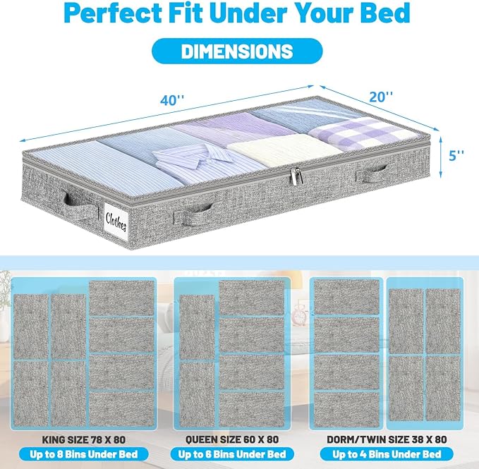 5 Inch Low Profile Under Bed Storage Drawer 4 Pack, Lightweight Underbed Clothes Storage Container Bins With NO STURCTURE, Shallow Storage Bag for Dorm & Home, With Clear Lids & Water-Resistant Fabric - Image 2